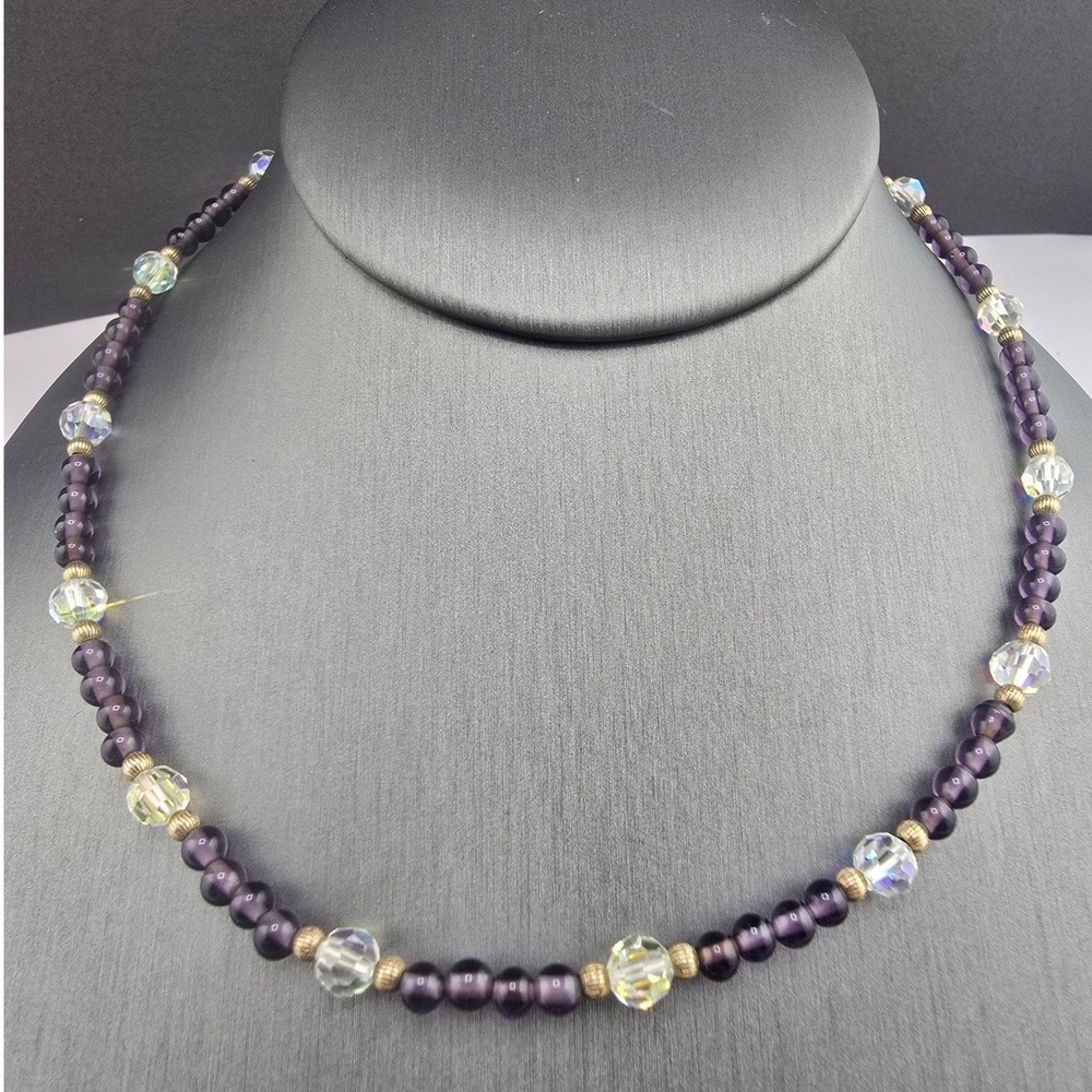 Vintage Estate Beaded Necklace Purple Iridescent Glass Gold Filled Clasp 16in